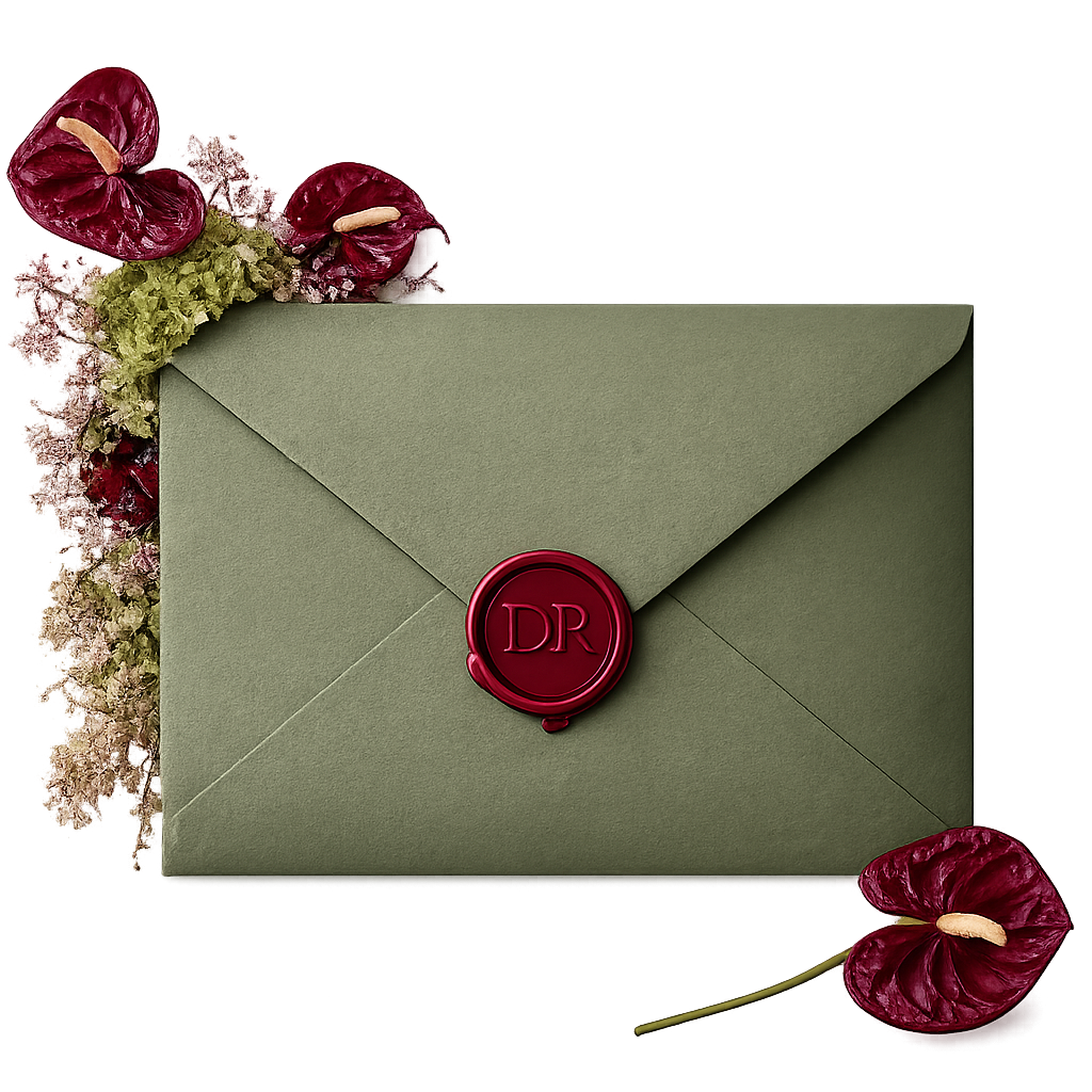 Olive envelope with burgundy wax seal monogrammed DR, surrounded by burgundy anthuriums and green hydrangeas